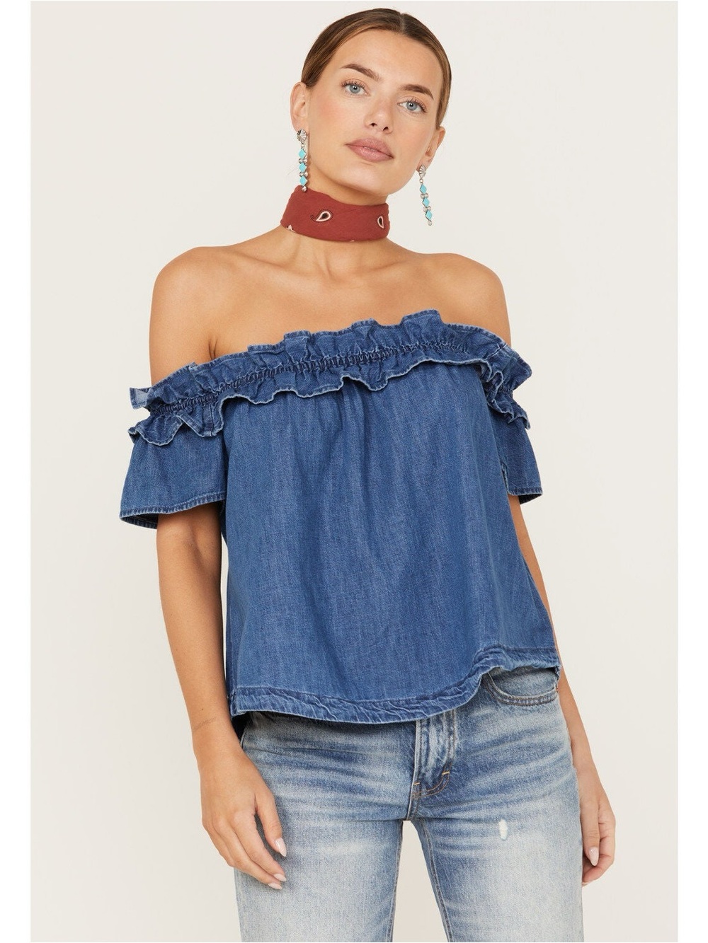 Free People Size XS Off The Shoulder Ruffled Blue Denim Top